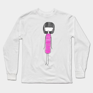 CUTE GIRL WITH BLACK HAIR IN PINK DRESS - Line Drawing Long Sleeve T-Shirt